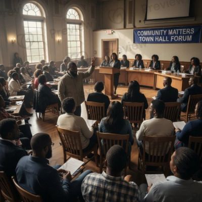 Community members participating in a town hall forum discussion.