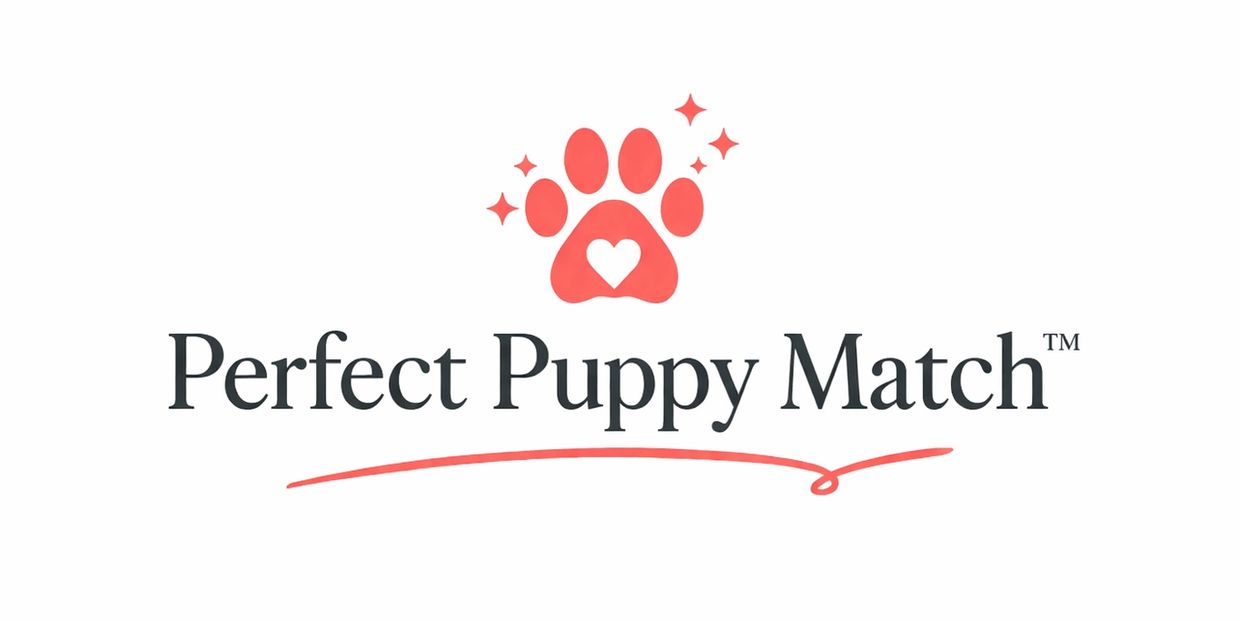 Logo of Perfect Puppy Match with a red paw print and heart.