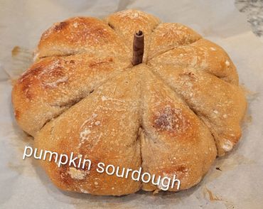 Pumpkin-shaped sourdough bread with a cinnamon stick stem.