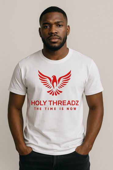 Man wearing a white t-shirt with a red bird logo and text 'HOLY THREADZ THE TIME IS NOW'.