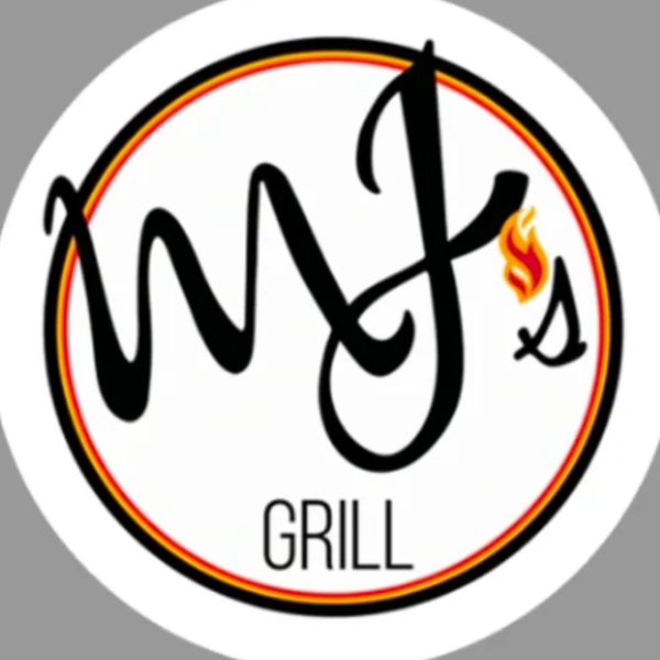 Logo for MJ's Grill with flame design.