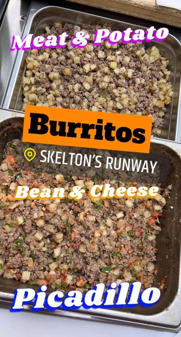 Trays of meat and potato, bean and cheese, and picadillo for burritos.