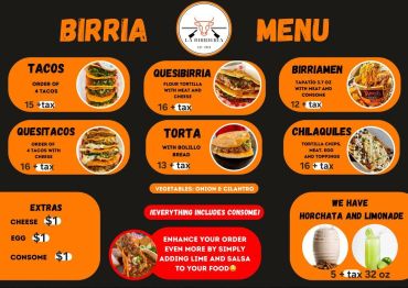 Birria menu with tacos, quesibirria, torta, birriamen, and chilaquiles.