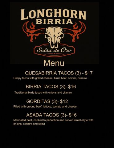 Longhorn Birria menu with taco options and prices