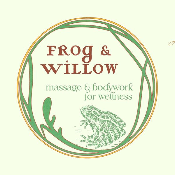 Logo image of a frog inside a leafy circle. Text: Frog & Willow, massage & bodywork for wellness