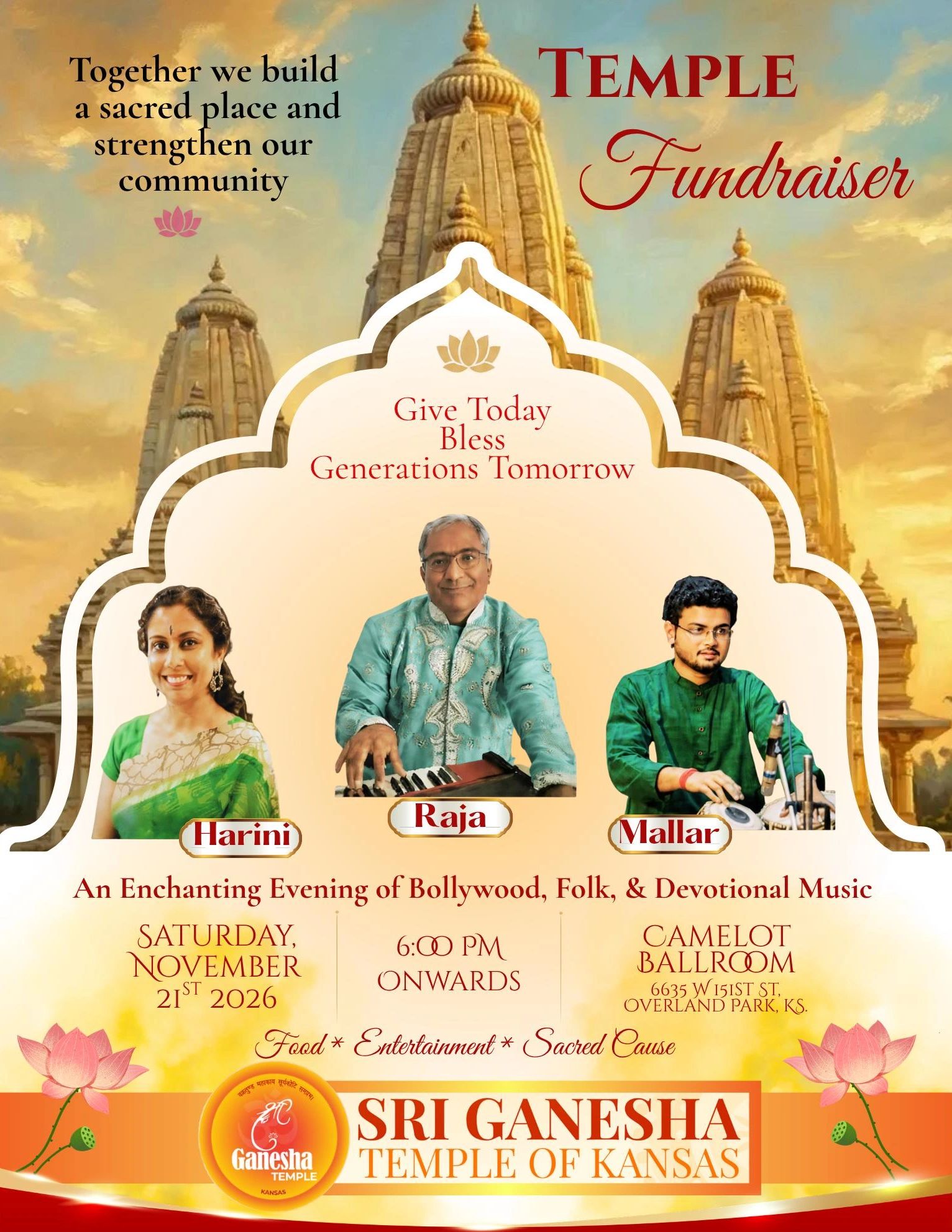 Temple fundraiser event featuring Bollywood, folk, and devotional music on Nov 21, 2026.
