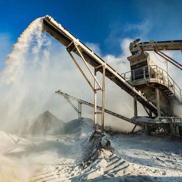 Industrial conveyor belt releasing material under a clear blue sky.