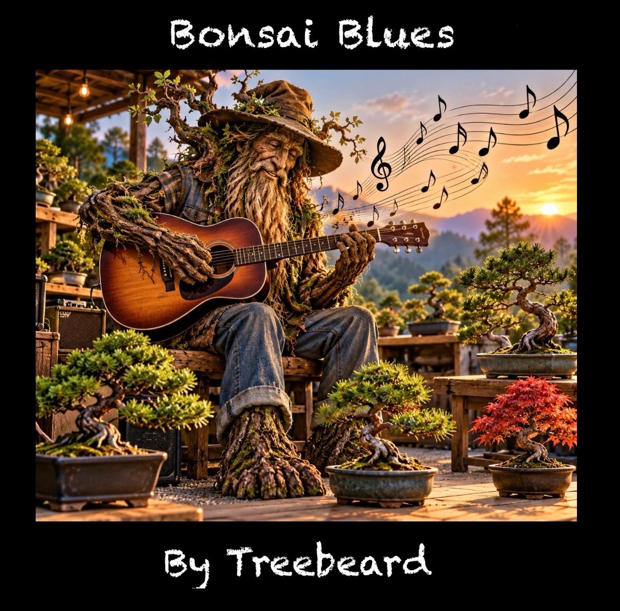 A tree-like figure playing guitar among bonsai trees.
