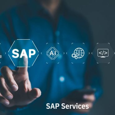 Person interacting with digital SAP services icons on a virtual interface.