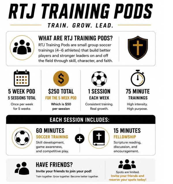 RTJ Training Pods offer small group soccer training with skill, character, and faith development.