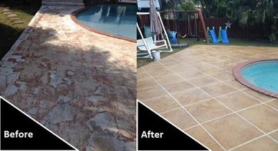 Before and after restoration of pool deck (overlay with design)