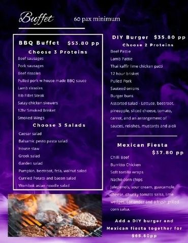 BBQ buffet and burger menu details