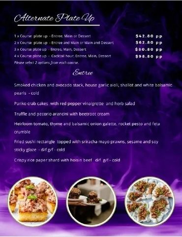Buffet menu with food photos at bottom