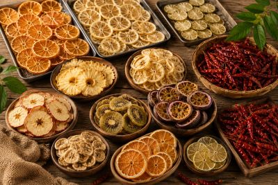 Assorted dried fruits and red chili peppers arranged in wooden bowls and trays.