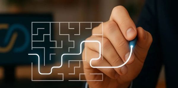 Hand tracing a path through a maze with a glowing pen tip.