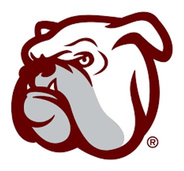 Stylized bulldog head logo in maroon and gray colors.