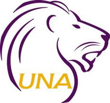 Stylized purple lion head with 'UNA' text in gold.