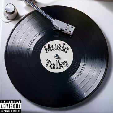 Vinyl record labeled 'Music Talks' on a turntable with parental advisory.
