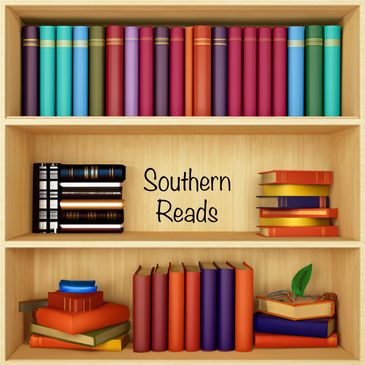 A wooden bookshelf filled with colorful books and the text 'Southern Reads'.