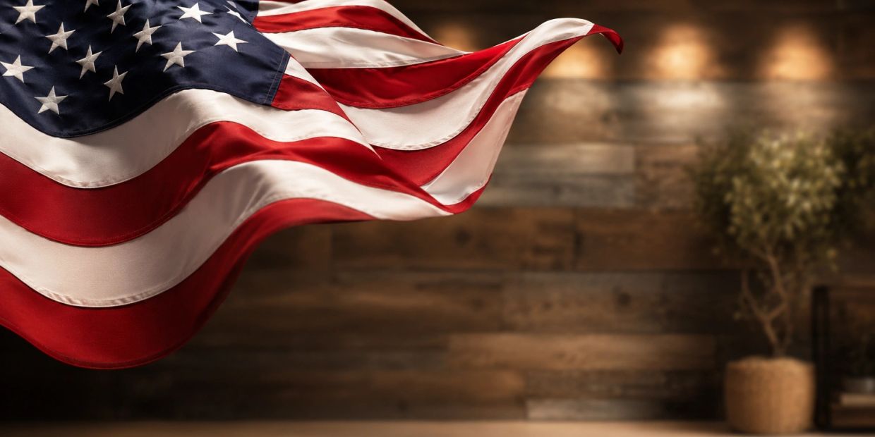 Close-up of the American flag waving indoors against a rustic wooden wall.