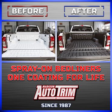 Before and after pictures showcasing a new white truck before bedliner and after the spray-in job