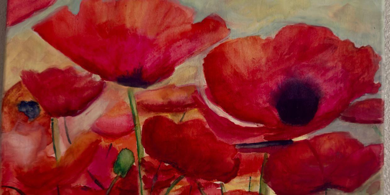 Vibrant red poppies painted with expressive brushstrokes.
