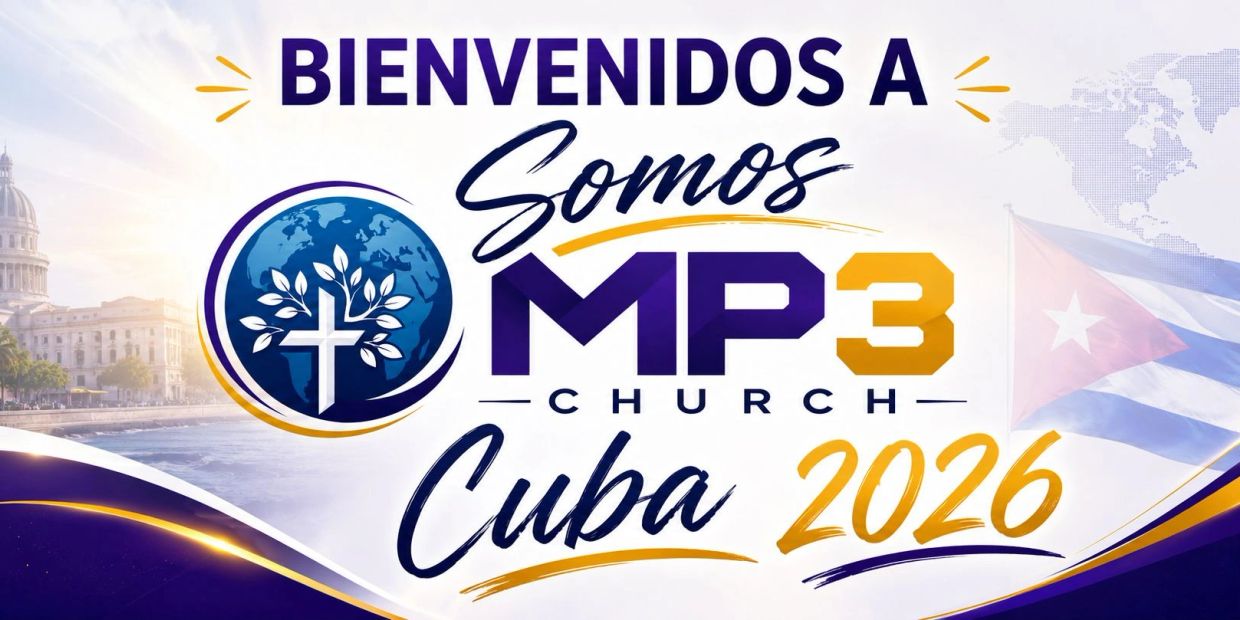 Welcome to Somos MP3 Church Cuba 2026 with a faith-inspired logo and Cuban flag.