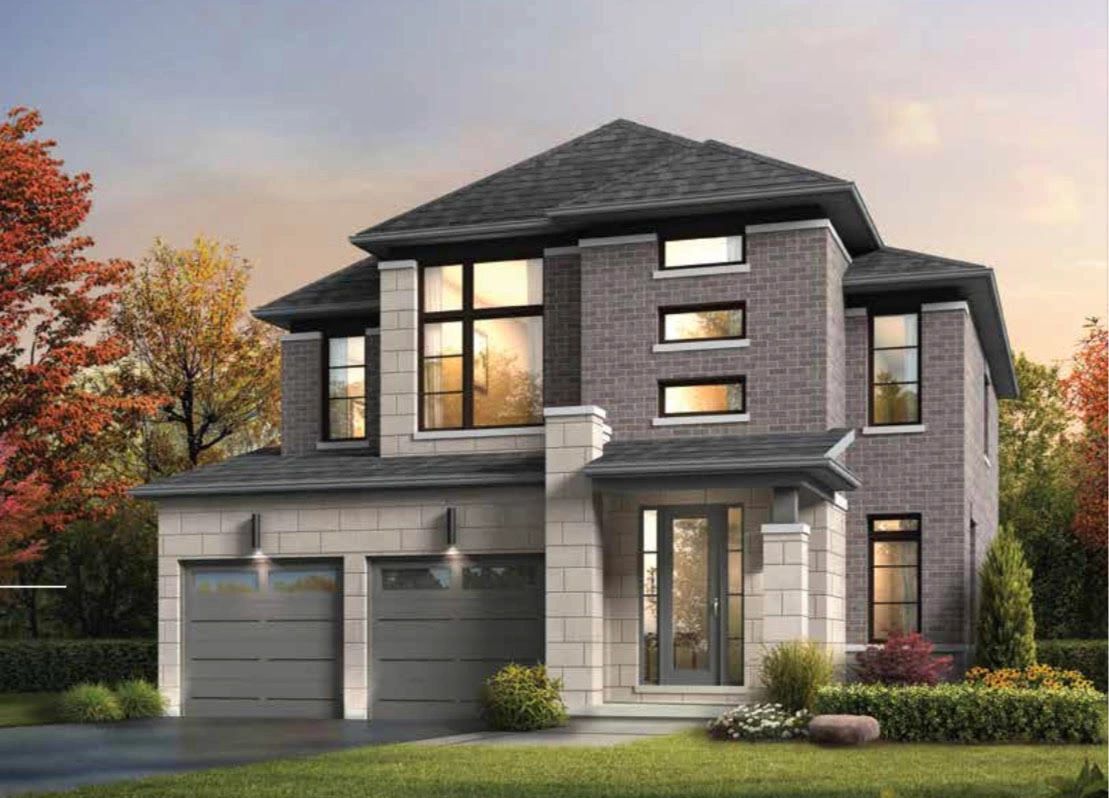 Modern two-story house with large windows and a double garage.