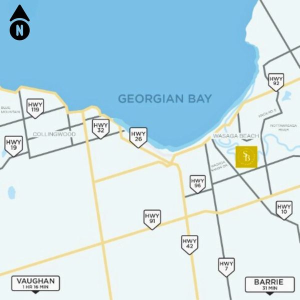 Map showing highways and locations near Georgian Bay, including Wasaga Beach.