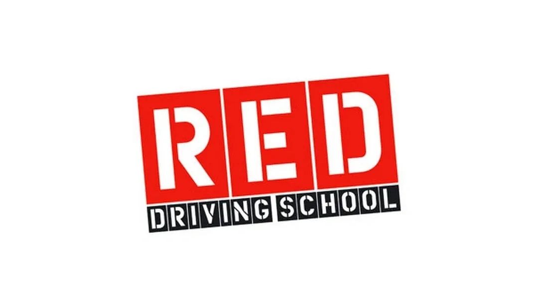 Logo of RED Driving School in bold red and black letters.