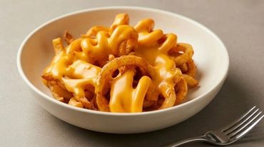 Curly fries with melted cheese in a white bowl.