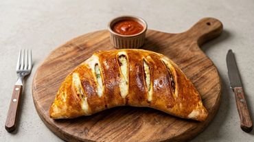 Baked calzone with tomato sauce on wooden board.