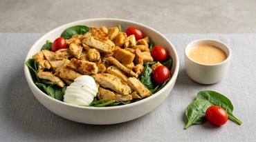 Chicken salad with spinach, cherry tomatoes, boiled egg, and dressing.