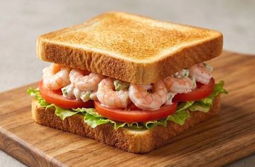 Shrimp sandwich with lettuce and tomato on toasted bread.