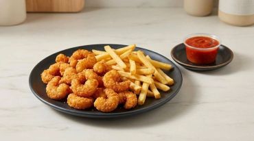 Plate of fried shrimp with French fries and cocktail sauce.