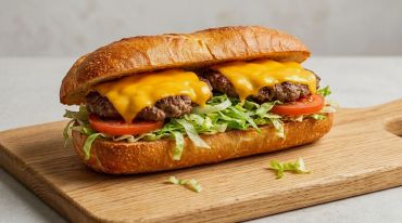 Double cheeseburger sandwich with lettuce and tomato.