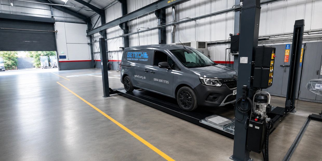 Gray van parked inside a spacious vehicle workshop.
