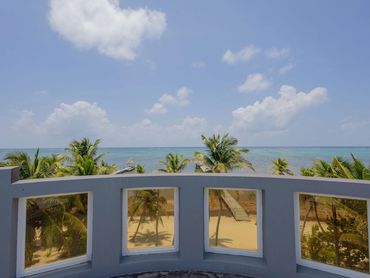 Ocean view with palm trees and a sandy beach under a blue sky.