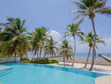 Tropical beach scene with palm trees, a pool, and a pier extending into the ocean.