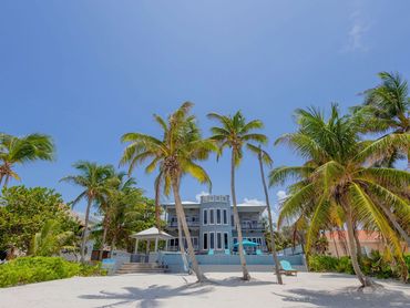 Luxury beach house with palm trees and clear blue sky.