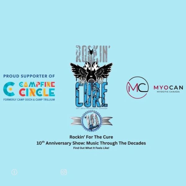 Event poster for Rockin' For The Cure 10th Anniversary Show supporting Campfire Circle and MyoCAN.