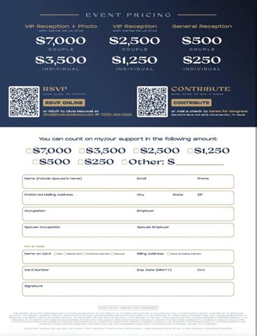 Event pricing and RSVP form with VIP and general reception options.