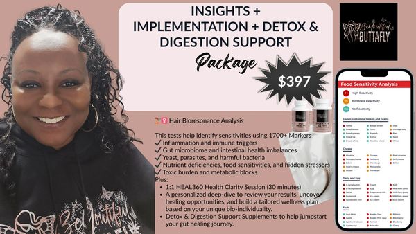 Woman promoting a $397 detox and digestion support package with hair biosonance and food sensitivity analysis.
