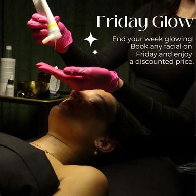 Person receiving a facial treatment with Friday Glow promo text.