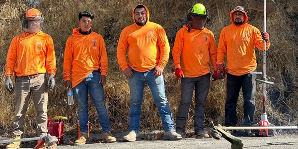 Five workers in orange shirts standing in a line outdoors with tools.