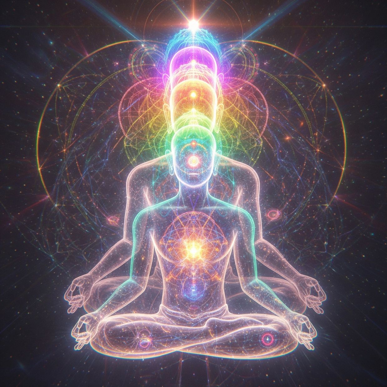 Two glowing meditative figures with vibrant energy patterns and chakras.