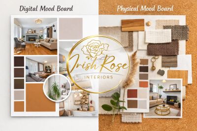 Side-by-side digital and physical mood boards showcasing interior design concepts with warm earth tones.