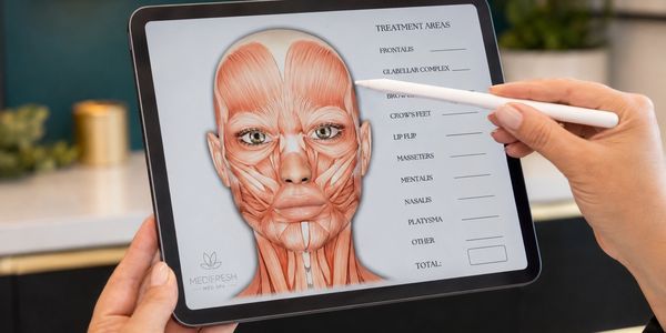 Digital anatomy guide showing facial muscles and treatment areas on a tablet.