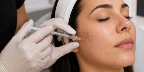 A woman receives a cosmetic injection in her cheek.