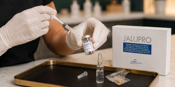 A gloved hand prepares a Jalupro injectable treatment with syringe and vial on a tray.